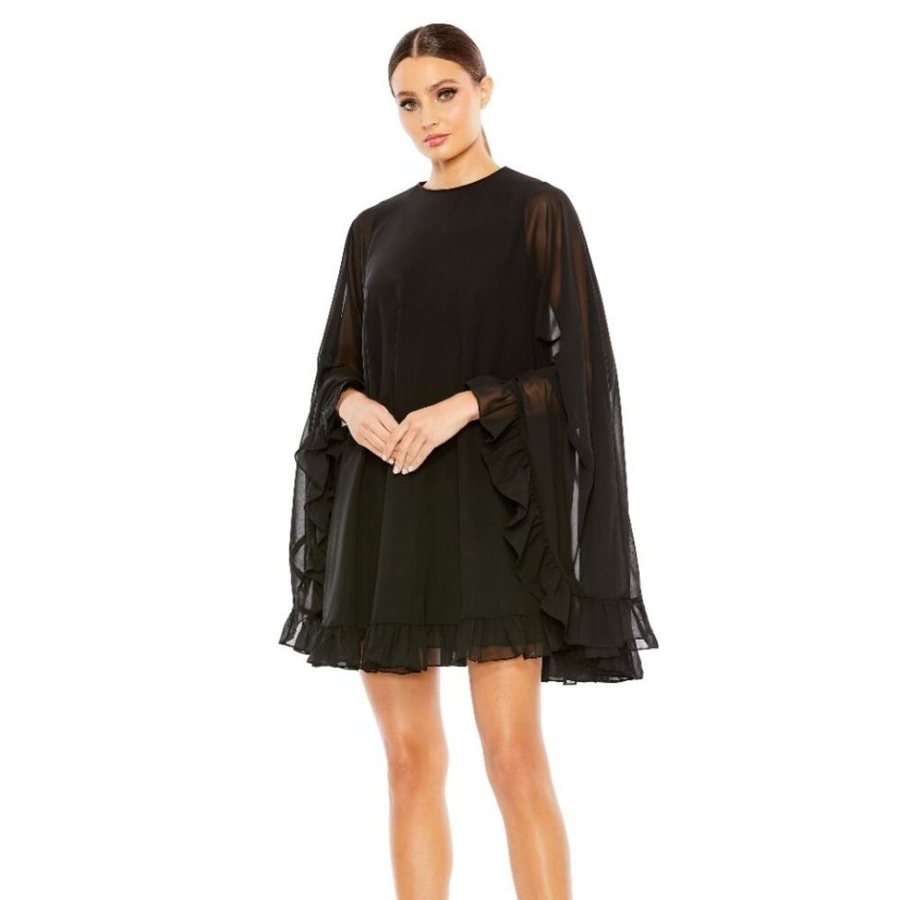 NWT Mac Duggal High Neck Ruffle Hem Cape Mini Dress Black 55407
